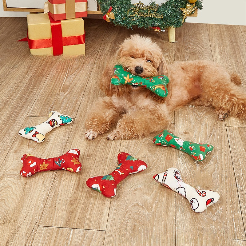 Christmas Plush Dog Chew Toy Bone Interactive Dental Care Pet Supplies