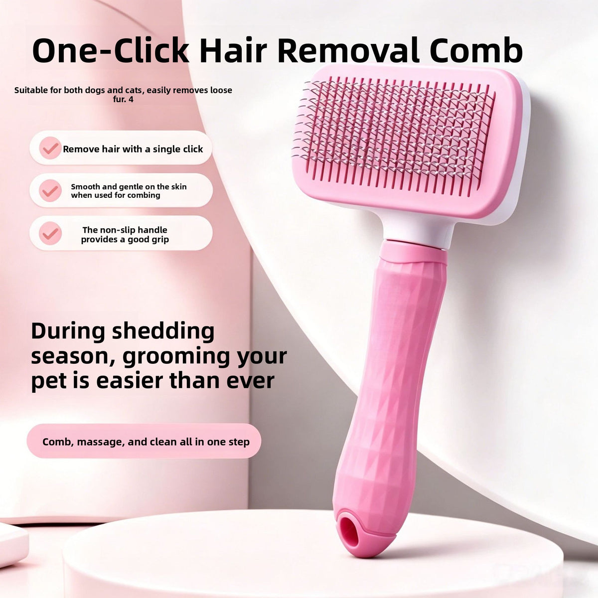 Soft Pin Pet Grooming Comb with One-Touch Hair Removal for Cats and Dogs